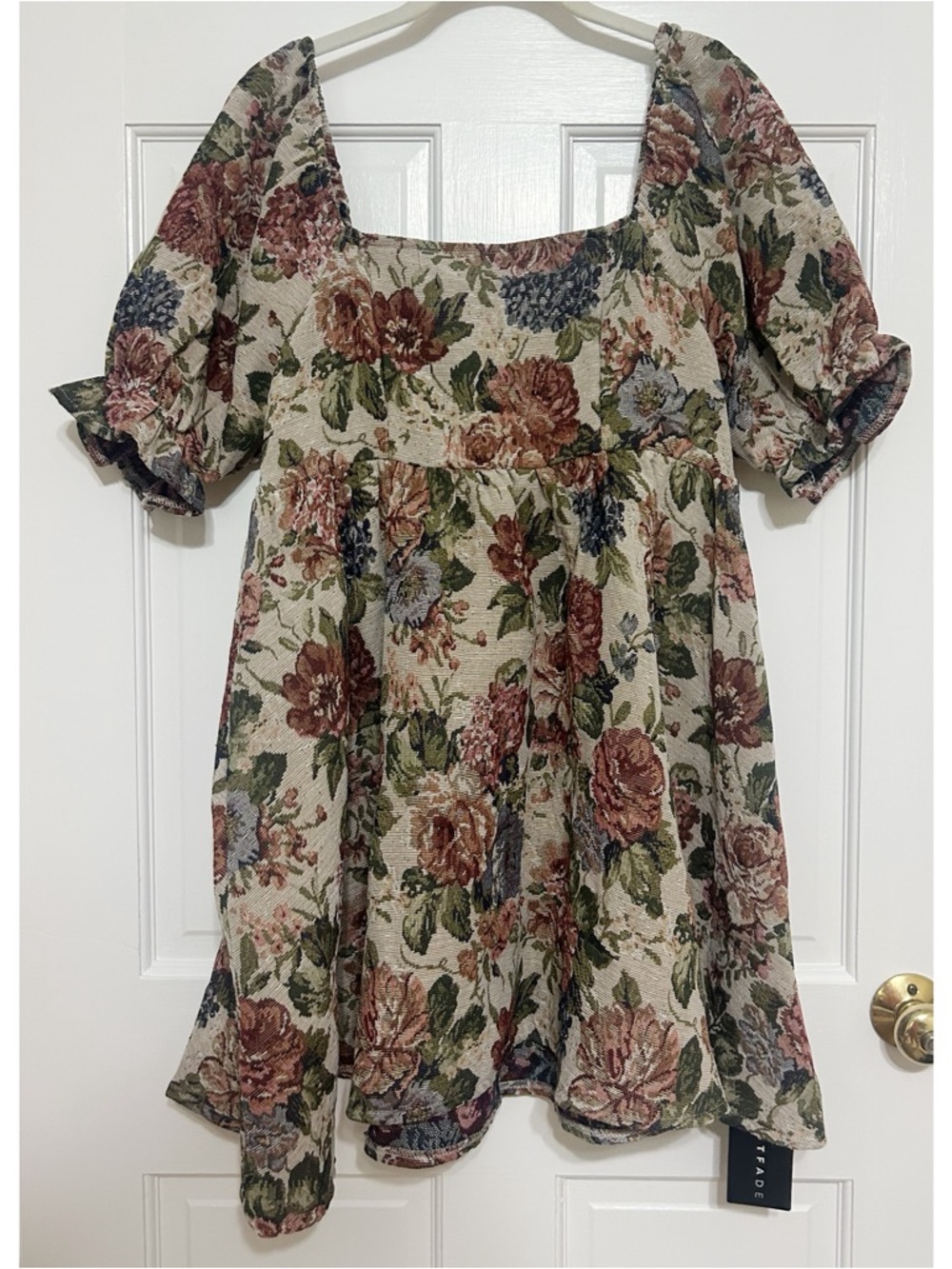 Floral Puff Sleeve Babydoll Dress - Cream Base with Rose and Green Bouquet